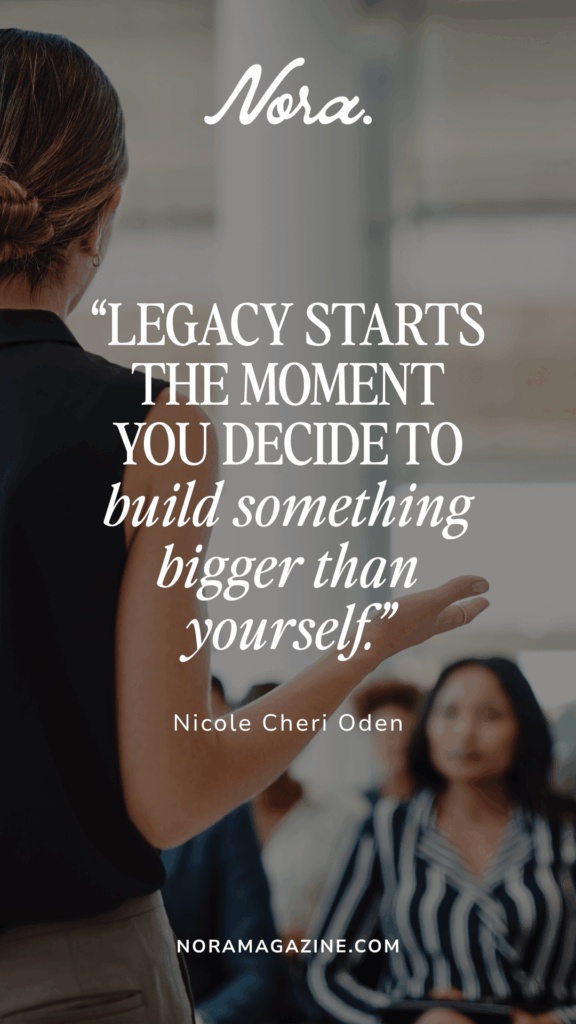 A woman speaking to an attentive audience, seen from behind. Inspirational quote overlay: "Legacy starts the moment you decide to build something bigger than yourself."