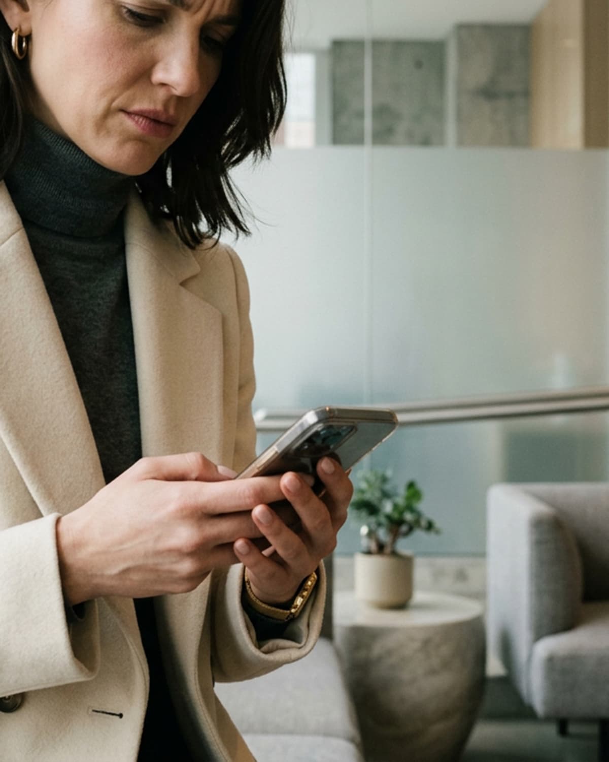 Woman in a beige coat focuses intently on her smartphone in a modern office setting. The tone is serious and professional, with a plant in the background.