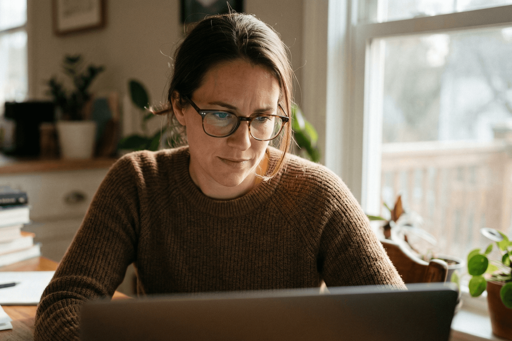 Woman with glasses reading her laptop at a home desk with natural window light